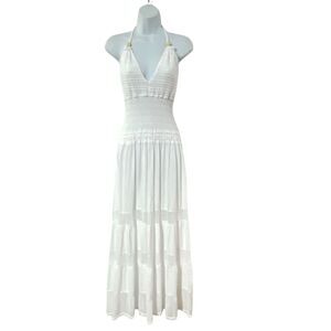 Blanco By Nature GAUZE Carolina BOHO Halter Neck M Shirred Maxi Dress White